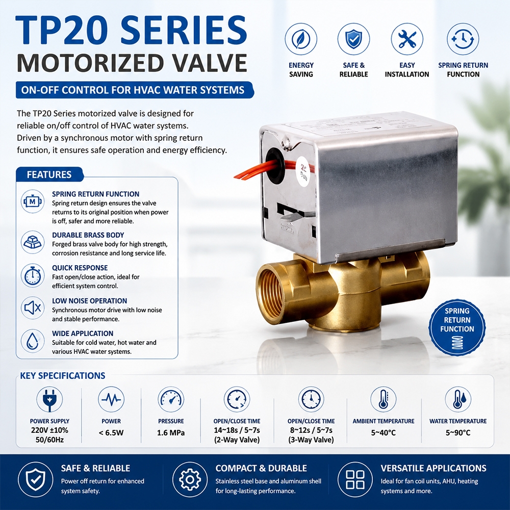 TP20 Series 2-Way Spring Return Motorized Valve for HVAC Fan Coil Water Control