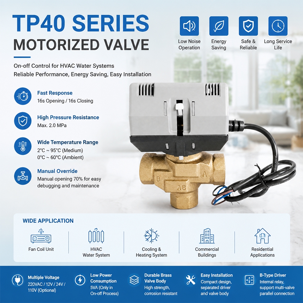 TP40 Series 3 Way brass motorized Valve for HVAC Fan Coil Bypass and Residential Heating and Cooling System