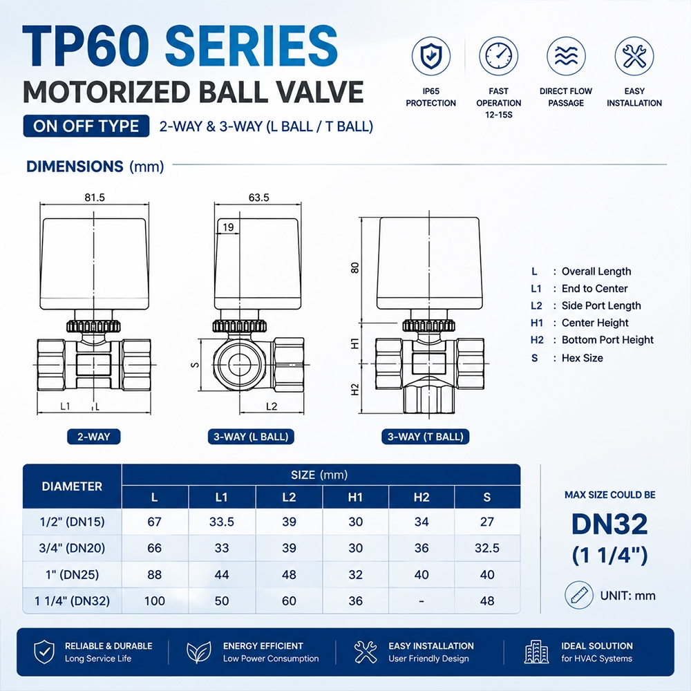 TP60 Series 3 Way Motorized Ball Valve for HVAC Bypass and Hydronic Water Flow Switching Control