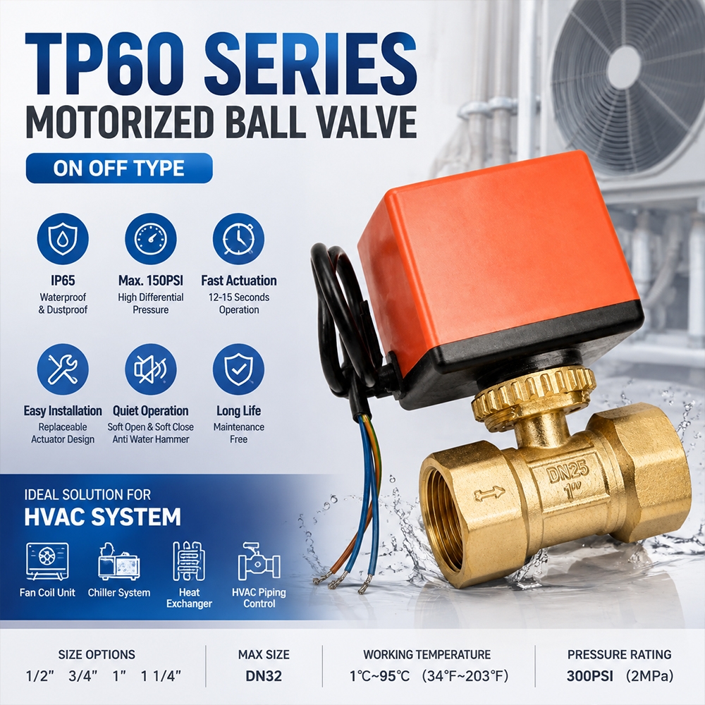 TP60 Series 2 Way Motorized Ball Valve for HVAC Hydronic Heating and Cooling Water Control