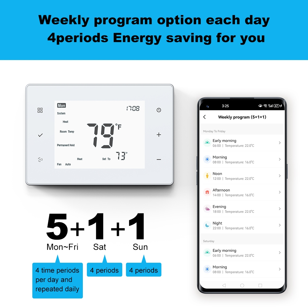 TP808W WiFi Universal Thermostat for 24V HVAC Systems with Smart APP Control