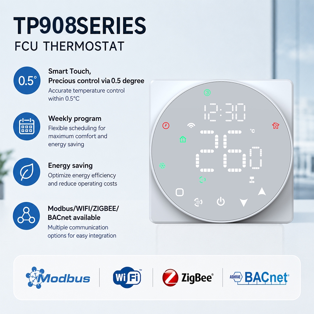 TP908 Series Modbus Fan Coil Thermostat with LED display for Hotel HVAC System